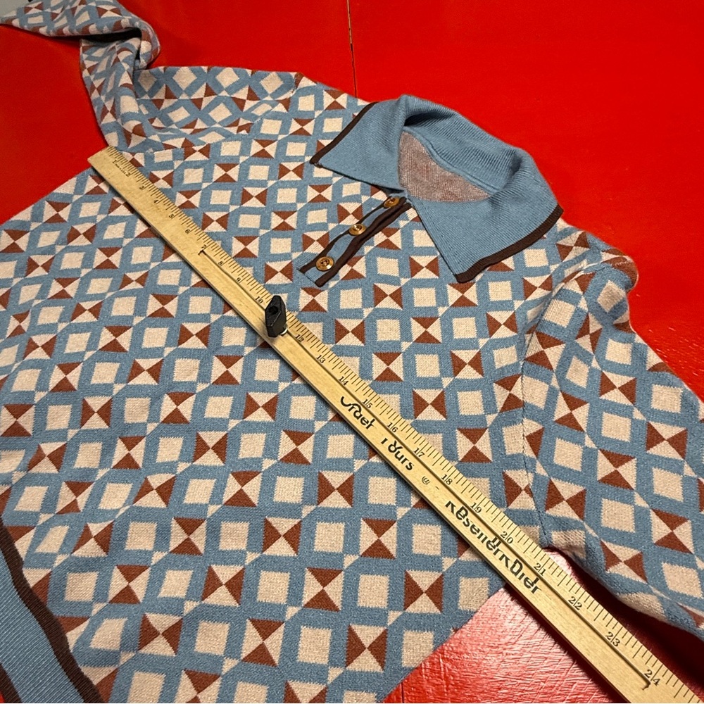 Cider Geometric Knit Polo Sweater in Light Blue, Brown, White - Picture 3 of 12
